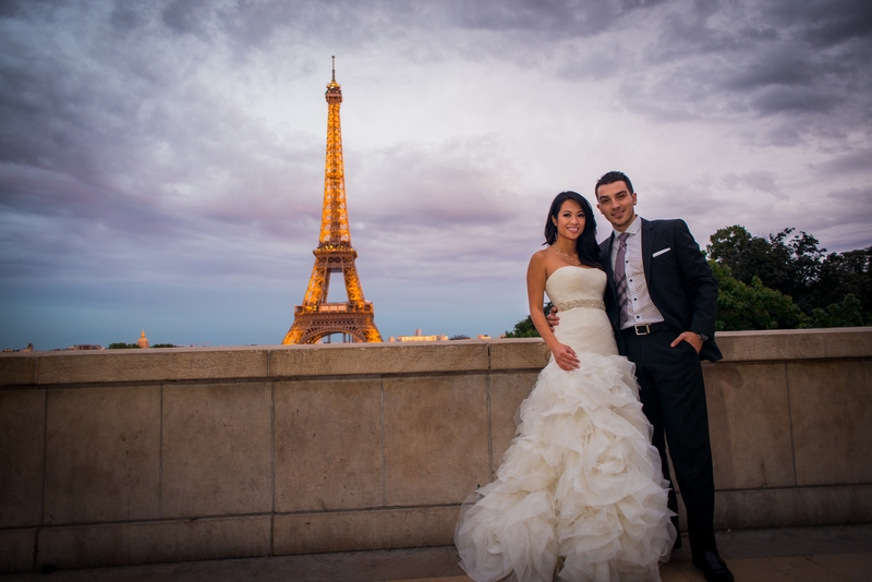 Sunset at Eiffel Tower when taking photos of a couple on honeymoon