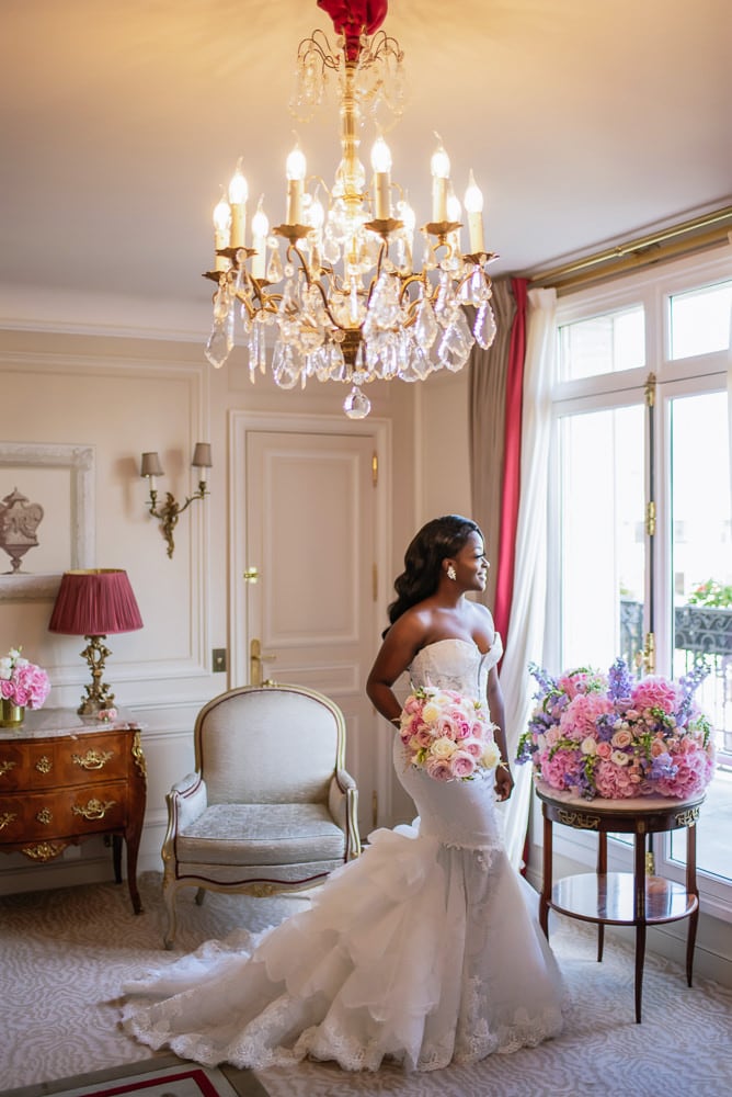Plaza Athenee Paris Wedding - Bridal portrait in the hotel room Plaza Athenee Paris Wedding - Bridal portrait in the hotel room