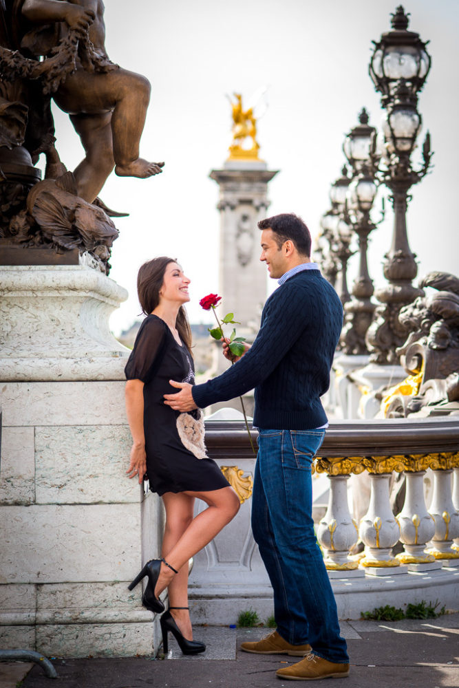 Paris engagement photographer couple on alexander 3 bridge